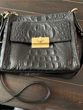 Brahmin Black Croc-Embossed Leather Crossbody with Gold Turn-Lock